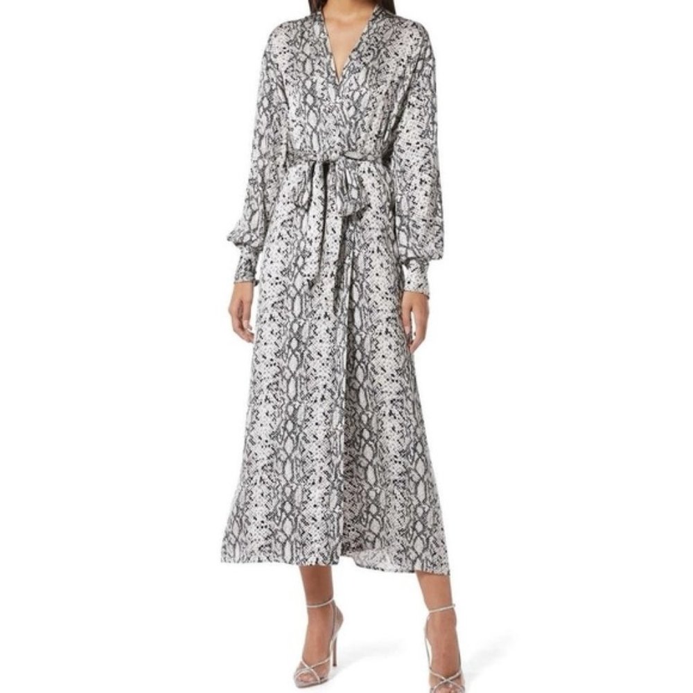 NEW Good American Women Python Animal Print Grey Long Midi Maxi Wrap Dress Robe - Picture 2 of 5